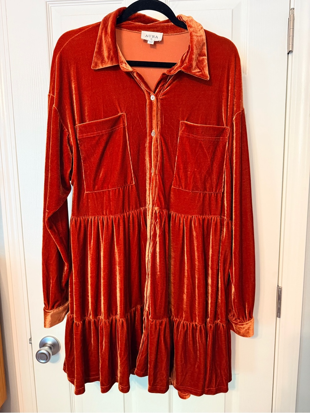 Aura Velvet Tiered Shirt Dress in Rust Orange